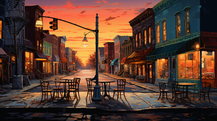 Fototapeta na wymiar A painting of a street scene with tables and chairs
