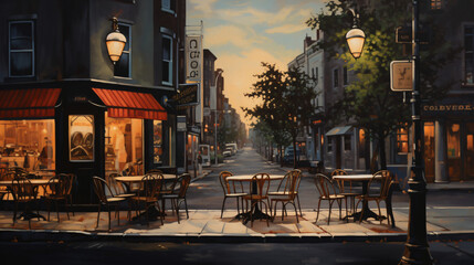 A painting of a street scene with tables and chairs