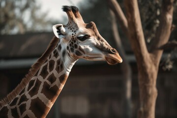 Giraffe head closeup zoo. Face eyes. Generate Ai