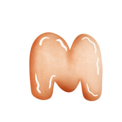 English alphabet, letter M painted with watercolor