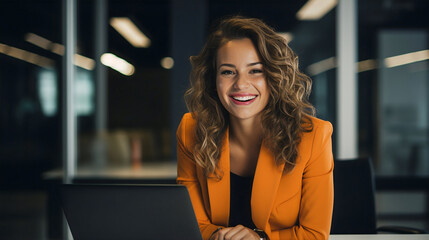 smiling woman on laptop at work wearing orange jacket 	