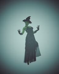 Green witch Halloween black dress hat woman spooky witchcraft costume leaning back knee raised 3d illustration render digital rendering