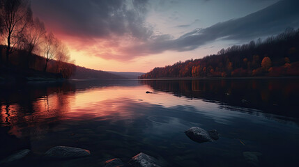 A Lake Bathed in Sunset Colors