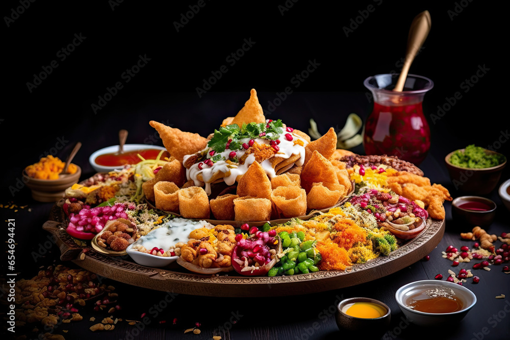 Wall mural savory spectacle: a well-lit platter of diverse chaat items