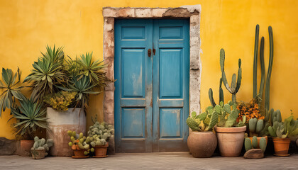 Fototapeta na wymiar Colorful door and wall with cacti - a concept welcome to Mexico