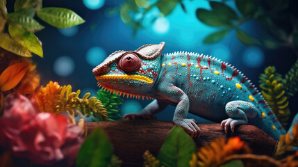 A birthday chameleon blending into a jungle of vibrant decorations