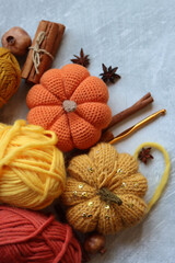 Autumn crochet. Close  up photo of handmade amigurumi toys made of natural yarn. Cute decorations for autumn holidays. Hobbies and leisure concept. 