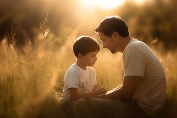Golden meadow family. Father and son. Generate Ai