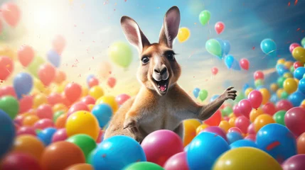Fotobehang A kangaroo bouncing with excitement amid a sea of bouncing balloons © basketman23