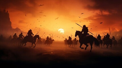 Medieval battle scene with warriors on foggy sunset