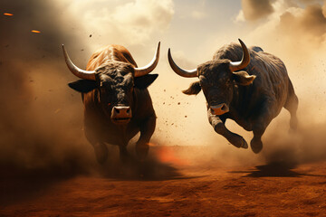 bulls fighting each other - obrazy, fototapety, plakaty