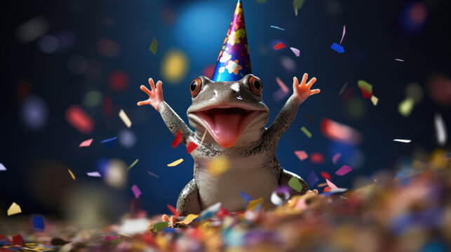 A frog in a party hat leaping with joy amid confetti