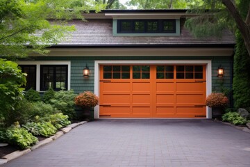 Fototapeta na wymiar Garage door with a driveway in front.