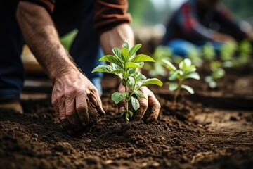 Gardener using spade while preparing place for planting young tree.
