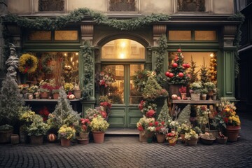 A flower shop with colorful flowers and Christmas decorations
