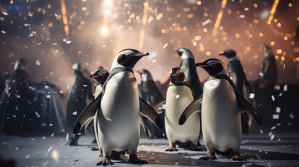 A group of penguins in tuxedos dancing on an ice rink at a birthday celebration