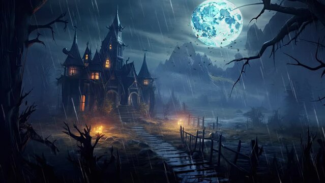 halloween night decorative with castle, bat and moon background. seamless looping time-lapse virtual video animation background.	