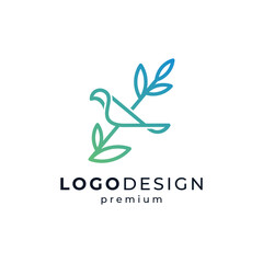 shiny bird and leaves with line art style for bird or zoo logo design