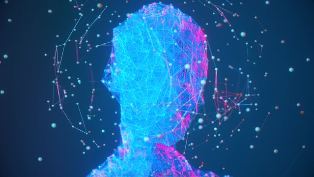 Human head form made of connections, AI and man symbiosis, concept of future of artificial intelligence, future mind, consciousness, science research of brain, neural networks, human intelligence