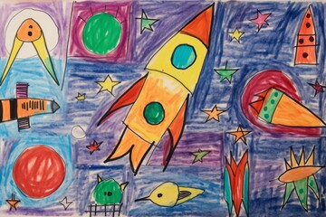 Child very naive cartoon drawing of space shuttle or rocket.