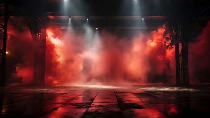 Dark stage with red background, neon lights, spotlights