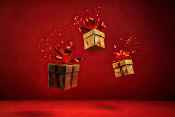 Gift boxes flying in the air on red background.