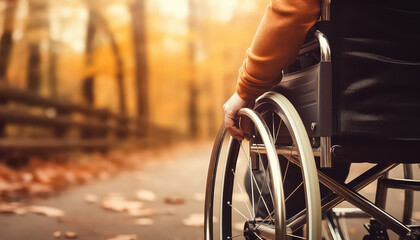 person enjoying a walk in an autumn park sitting on wheel chair. - obrazy, fototapety, plakaty