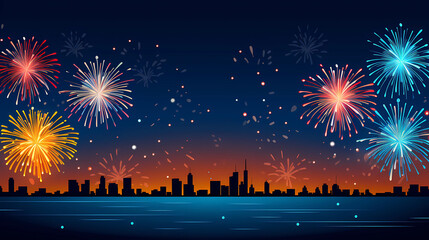 Hand drawn cartoon New Year's beautiful fireworks illustration in the night sky
 - obrazy, fototapety, plakaty
