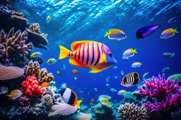 The vibrant world of tropical sea underwater fishes on a coral reef comes alive, resembling an aquarium or oceanarium. This colorful marine panorama captivates with its diverse wildlife