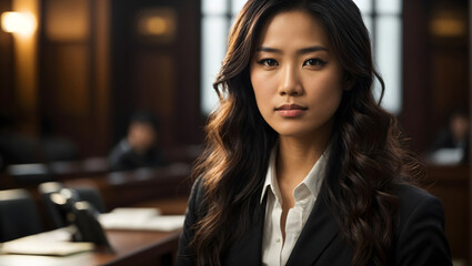 A professional and empathetic woman lawyer, her demeanor commanding attention against the blurred courtroom backdrop, representing excellence in the legal field