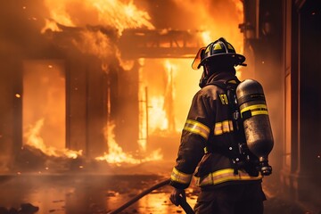 Firefighter works on fire, fireman walks inside burning building