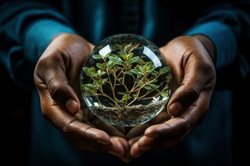 Hände halten Glaskugel mit Pflanzen: Symbol für Erde und Umweltschutz - obrazy, fototapety, plakaty