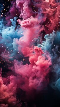 Abstract watercolor and smoke background, An explosion of pastel colors blue, purple, pink, black.