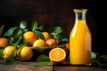 Fresh orange juice in a glass bottle with fresh oranges