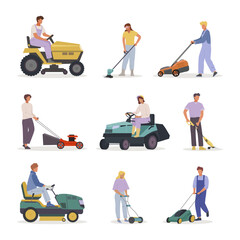 peoples with lawnmowers. simple minimalistic flat male characters with garden lawn mowers, mowing grass in garden. vector cartoon set.