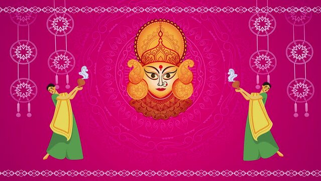 Happy Durga puja wishes Hindi text greetings card Invitation, Celebration, Message, Holiday.             
 Durga Devi face drawing. Happy Navaratri.