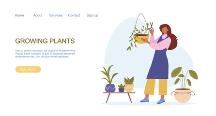 plants care. botanical gardener character landing, women taking care houseplants garden green ecology. vector cartoon minimalistic character landing background.