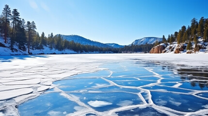 Blue ice and cracks on the surface of the ice. Frozen lake under a blue sky in the winter. The hills of pines. Generative Ai