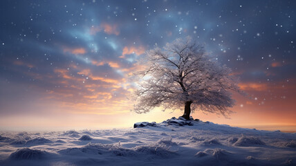 Beautiful tree in winter landscape in the late evening in snowfall. Generative Ai
