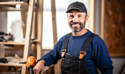 portrait of Carpenter Assembler and Repairer, who Perform a variety of tasks, such as applying siding and weatherboard to building exteriors or assembling and erecting prefabricated buildings