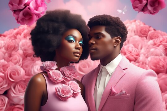 Pink valentine black couple romance. Happy photo. Generate Ai