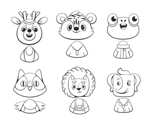 Set of vector cute animals deer, owl, frog, tiger, elephant and hedgehog in line style.