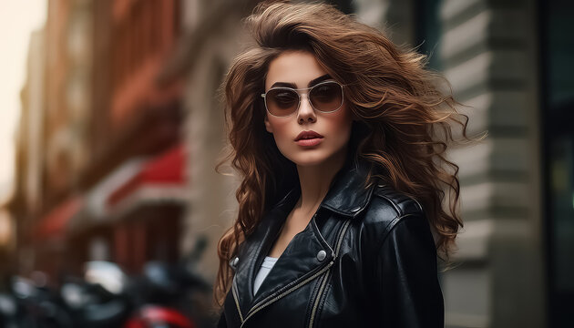Portrait of a young woman in a leather jacket and glasses against the background of the city