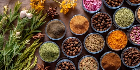 Spices and herbs in wooden bowls, Top view