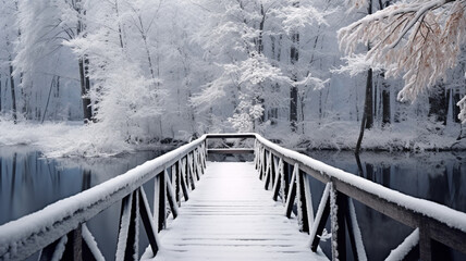 Snowy, wooden bridge on a winter day. Generative Ai