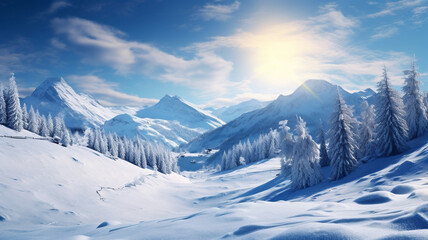 Beautiful snowy landscape with mountains. Generative Ai