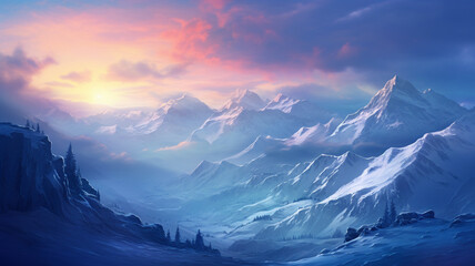 Mysterious winter landscape majestic mountains in the winter. Generative Ai