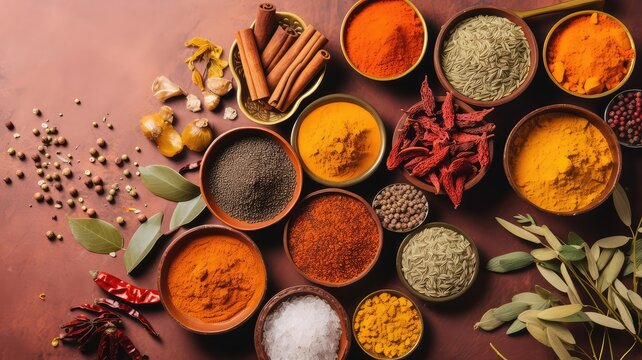 natural indian spices ingredient top view for flavorful food
