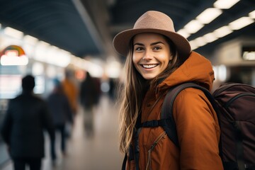 Portrait of smiling female traveler tourist with hat and backpack at train station - obrazy, fototapety, plakaty