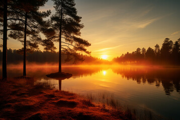 sunrise over a lake with trees in the middle, in the style of light amber and yellow